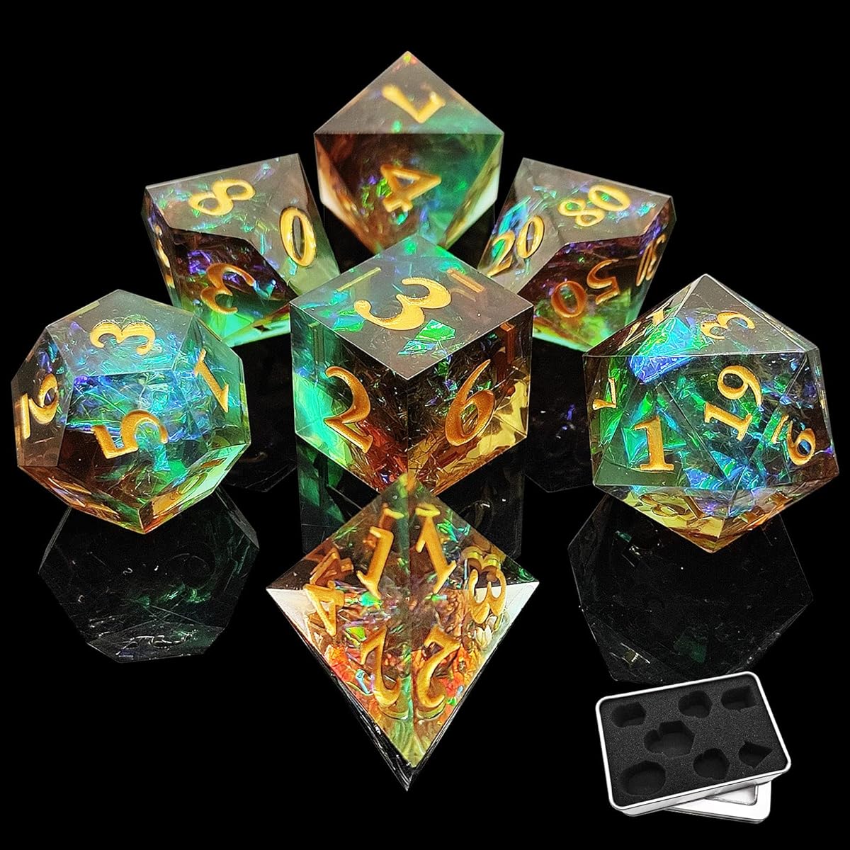 D&D DND Dice Set Dungeons and Dragons Gift RPG MTG D20 Polyhedral Resin Dice Handmade Sharp Edges Role Playing Board Game Digital Educational Materials Free Black Storage Bag Brown Green