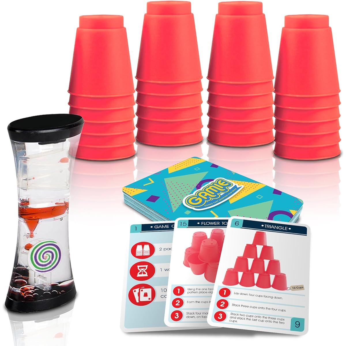 Gamie Stacking Cup Game - 18 Fun Challenges and Water Timer - 24 Stacking Cups - Sturdy Plastic - Classic Family Game - Great Gift for Boys and Girls - Loaded with Fun
