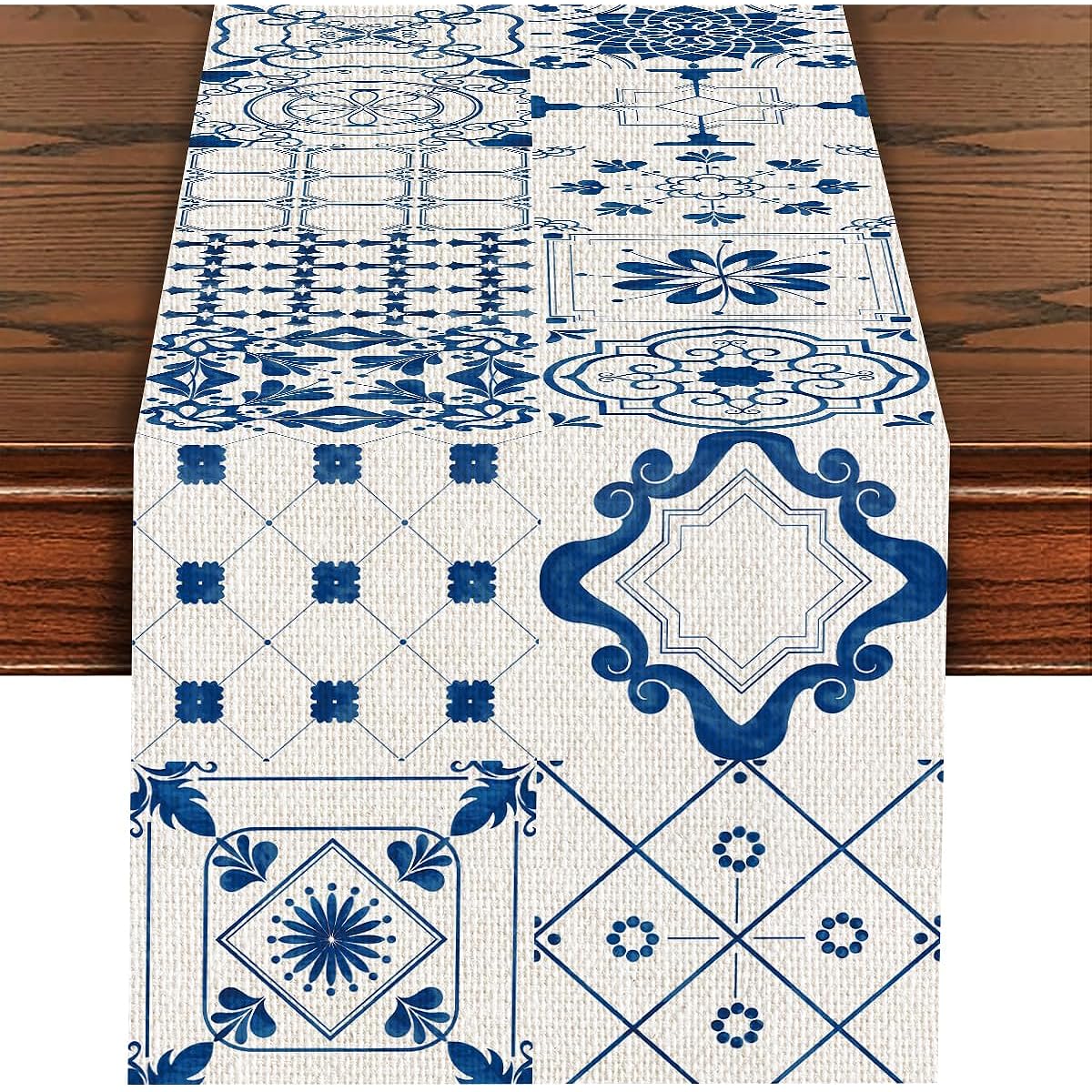 Farmhouse Blue Tile Pattern Table Runner 13 x 71 Inch Blue Tile Pattern Theme Cotton Linen Table Runner Decor Kitchen Restaurant Dinner Table Holiday Party Decoration 5