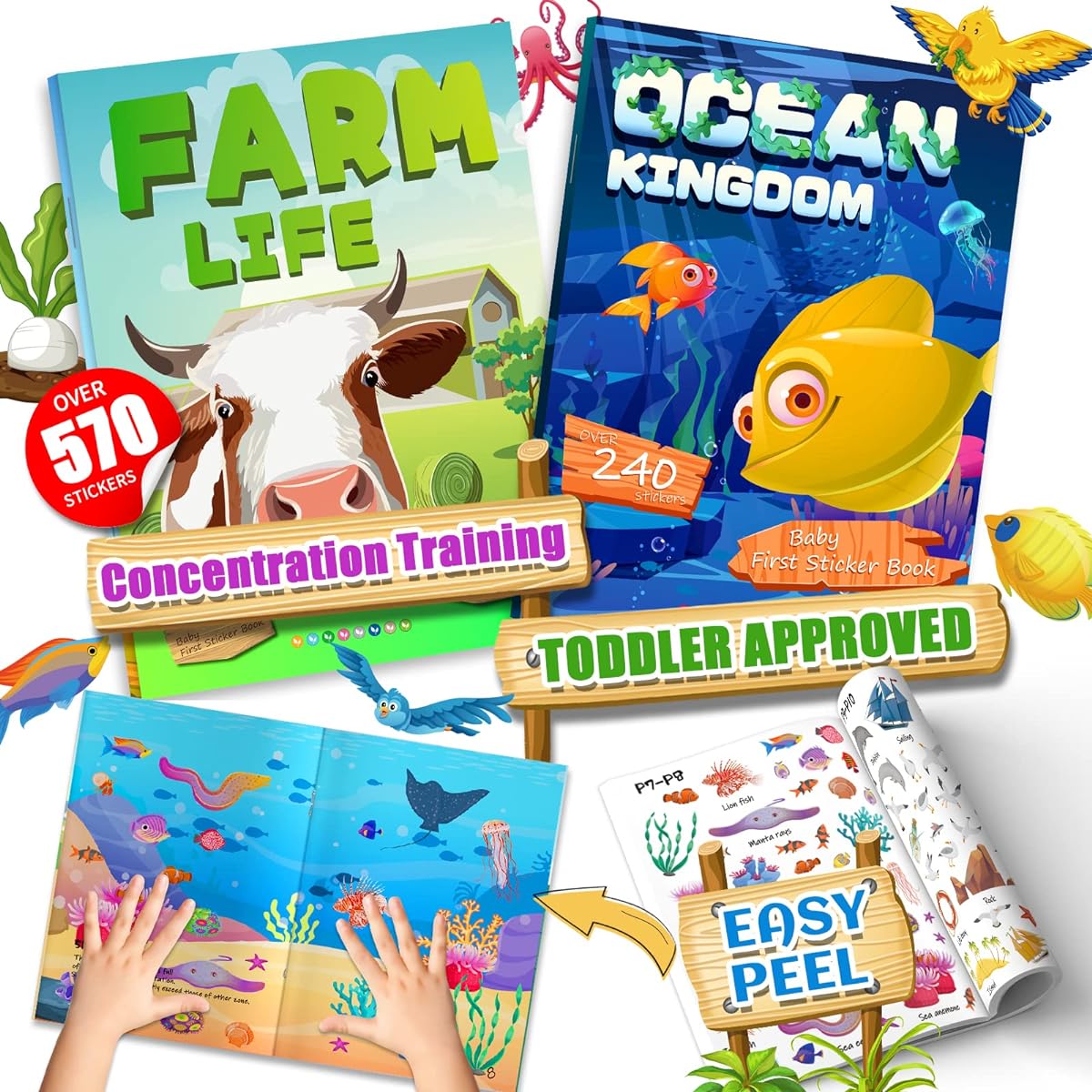 LIFEBE 2 Sets Sticker Books for Kids 2-4 (570+ Sheets) Toddler Sticker Books for 2 3 4 5 Year Old Girls Boys Educational Toys Learning Books Farm and Sea