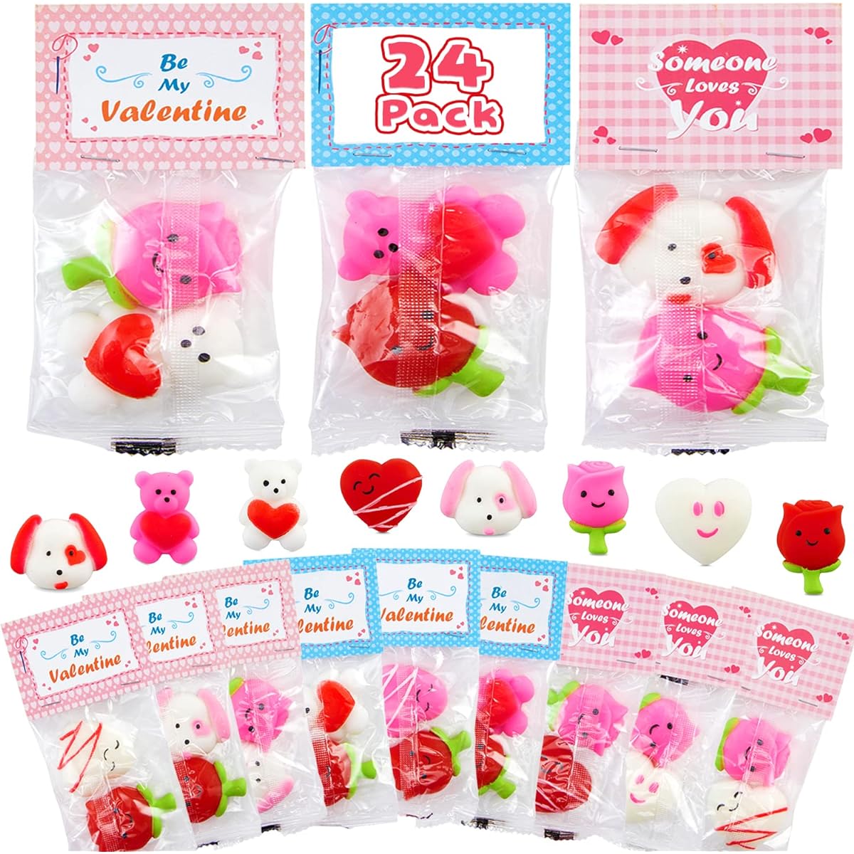 RGM CREATIONS Valentine's Day Gifts for Kids Classroom - 48 Squishy Fidget Toys with 24 Adorable Valentine's Day Cards - Perfect for Classroom Swaps and Party Favors