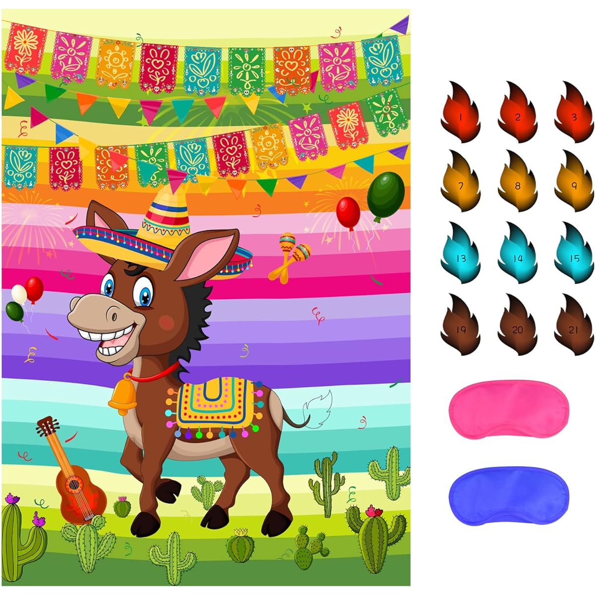 NEBURORA Pin the Tail on the Donkey Mexican Donkey Game with 24 Tails for Cinco de Mayo Party Mexican Party Fiesta Theme Kids Birthday Supplies