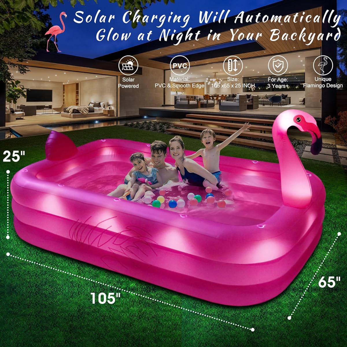 Inflatable Pool with Lights, 2024 Solar Flamingo Swimming Pool for Kids, Adult Inflatable Blow Up Pool, Large Kids Pool, Durable Thickness 105"x65"x25" For Backyard, Outdoor Inflatable Family Pool