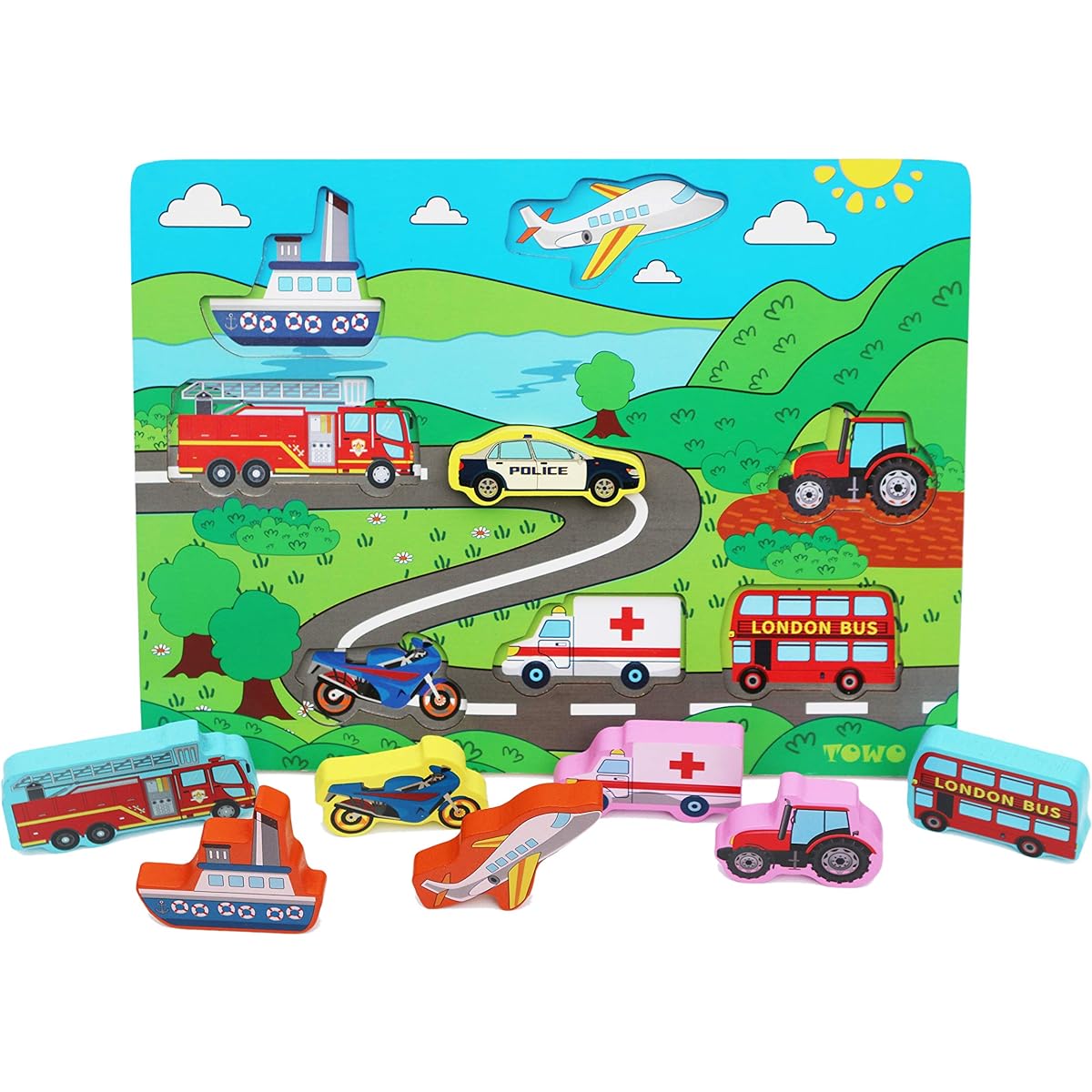 TOWO Wooden Transport Puzzle Board - Wooden Vehicle Peg Puzzle Inset Chunky Size - Wooden Toy Jigsaw Puzzle for 18 Months Toddler Baby First Puzzle