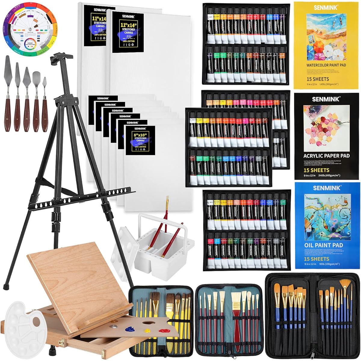 SENMINK Artist Painting Set - Aluminum and Solid Beechwood Easel, 96 Paints, Stretched Canvas and Accessories - Art Painting Supplies for Artists, Beginners & Adults