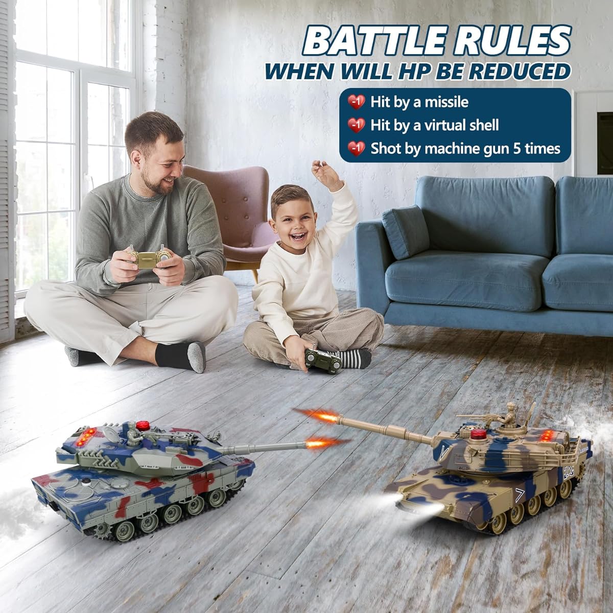 ROGALALY Remote Control Tank Toys for Boys & Girls - RC Battle Tank Set with Life Indicator & Spray, 35 Minutes Playtime Remote Control Military Combat Vehicles, Great Gift for 3-10 Year Old Kids
