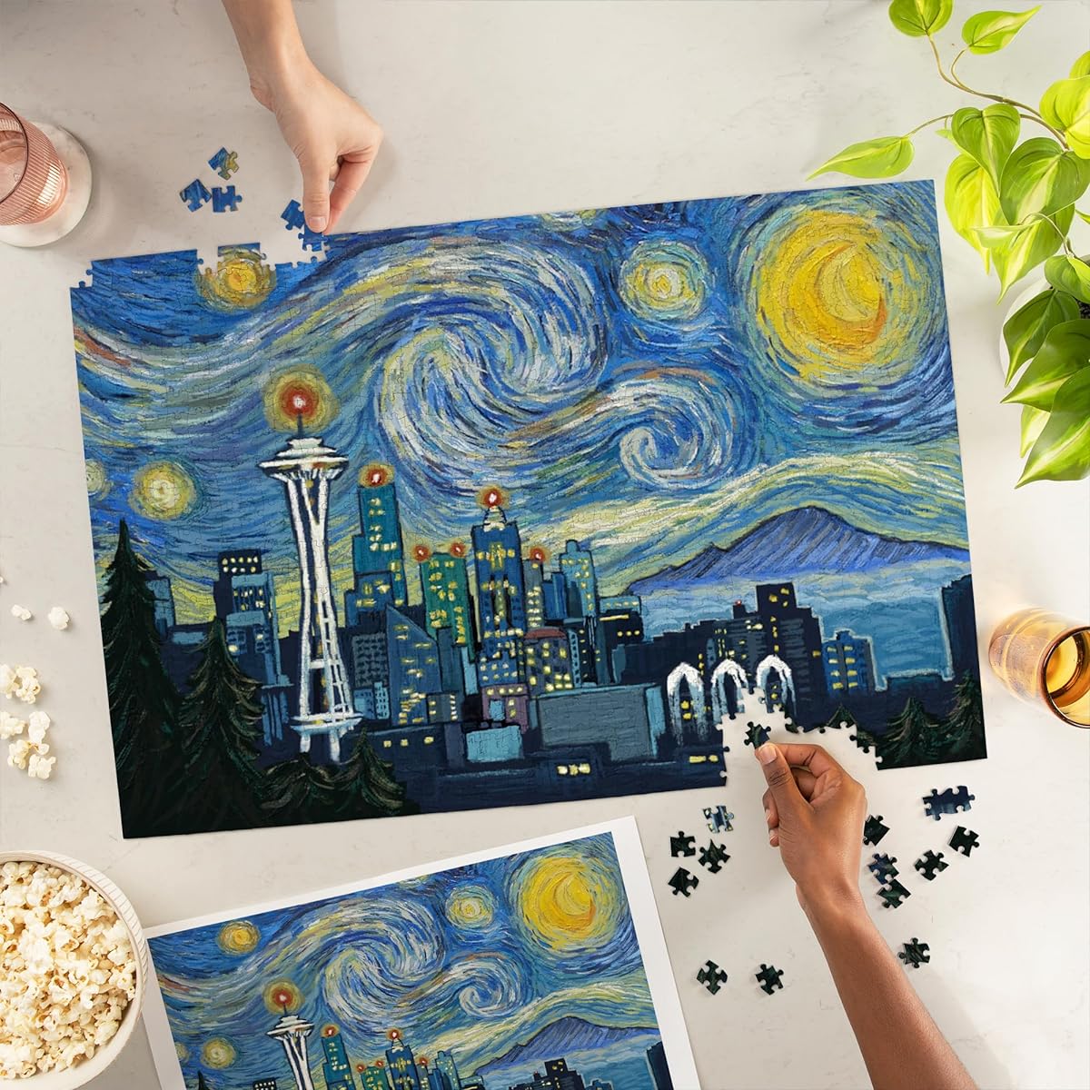 Seattle, Washington - Skyline - Van Gogh Starry Night (Premium 1000 Piece Jigsaw Puzzle for Adults 19x27)