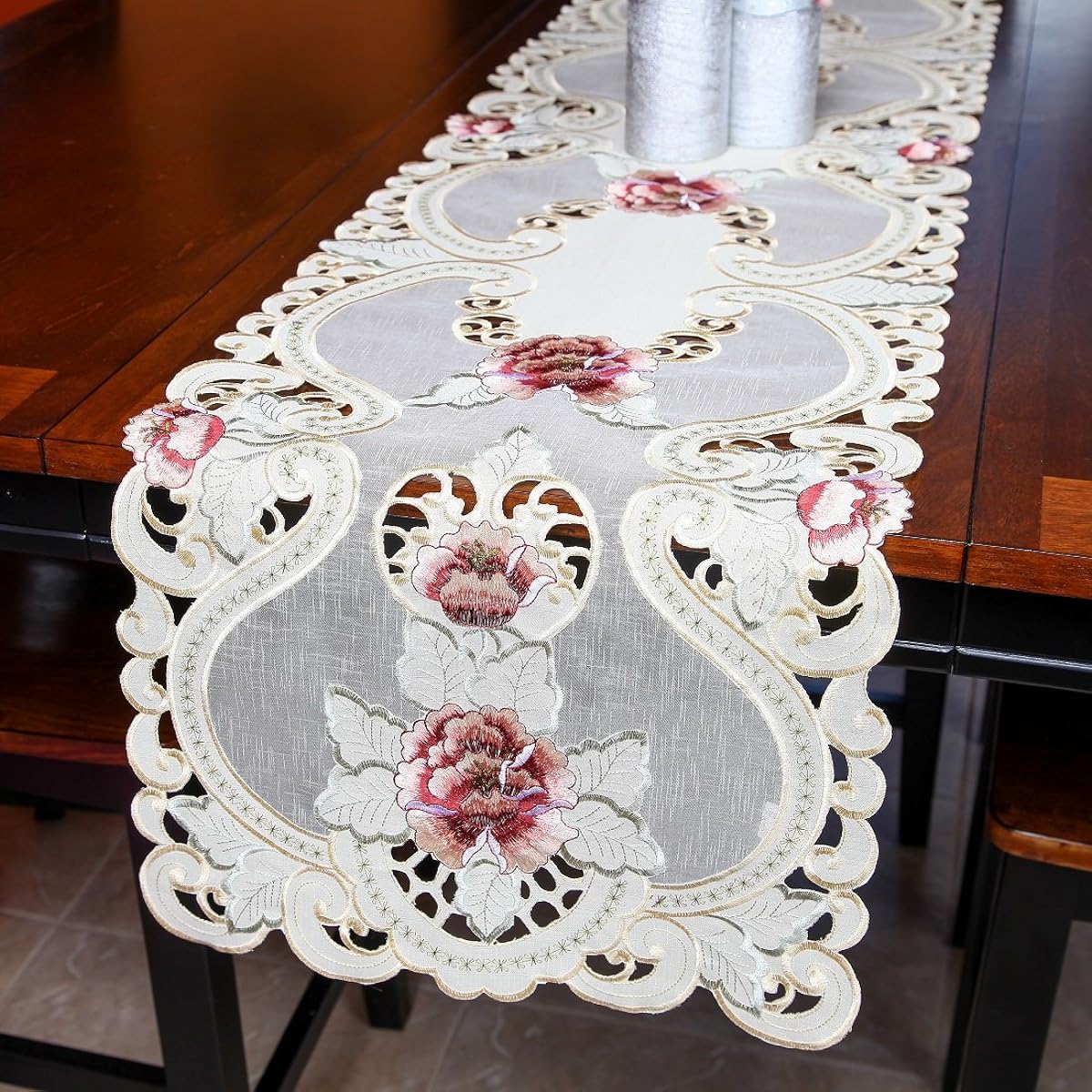 Home-X Embroidered Lace Table Runner Pink and Burgundy Flowers with Gold Metallic Stitching