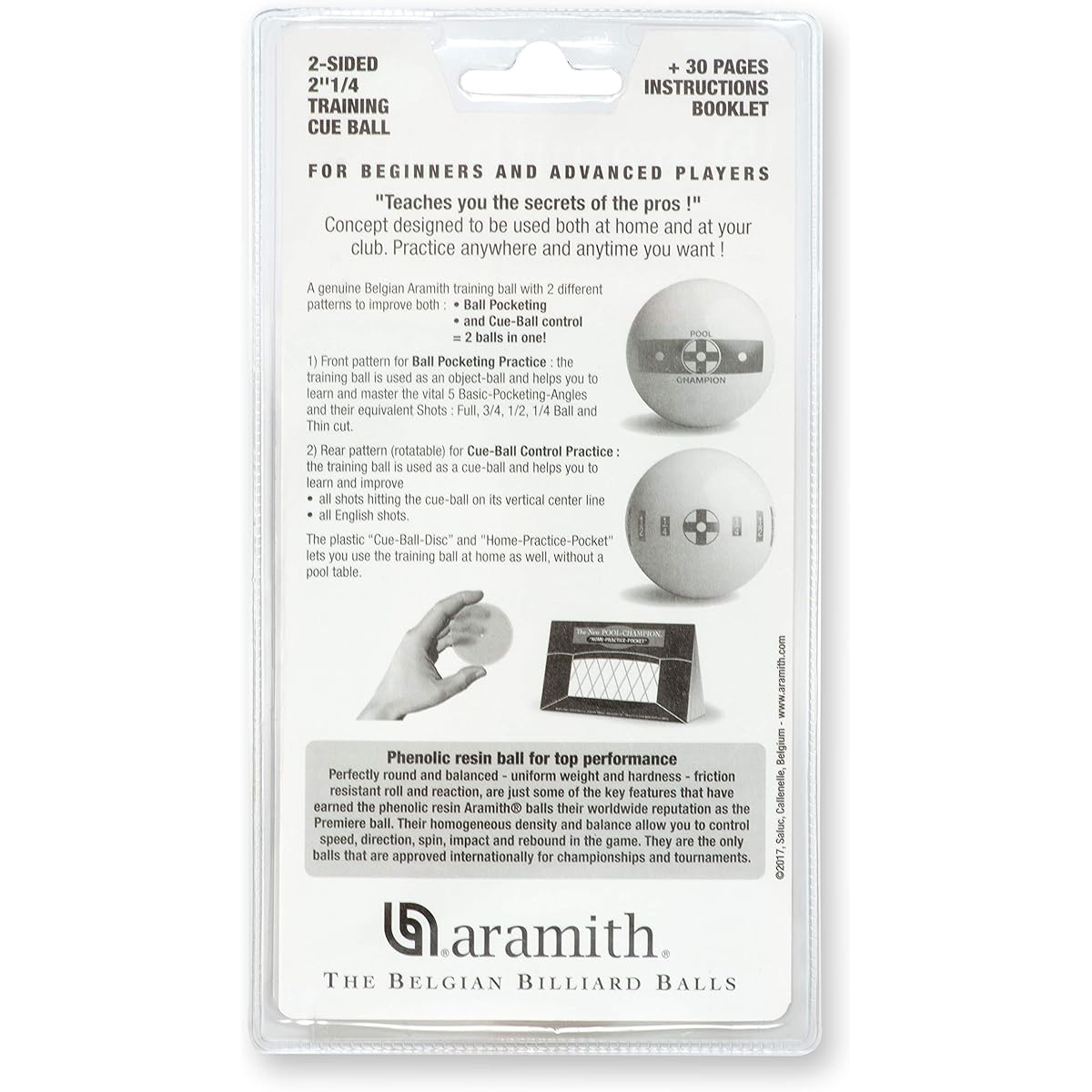 Aramith Champion Training Pool Cue Ball 2 1/4" Double-Sided Blistered 30 Page Instructions Included