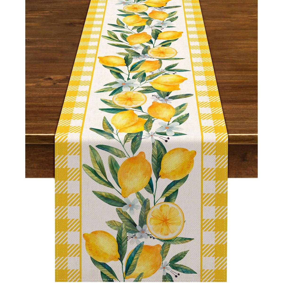 Linen Lemon Table Runner Summer Yellow and White Buffalo Check Check Table Decorations Farmhouse Home Dining Kitchen Table Decor