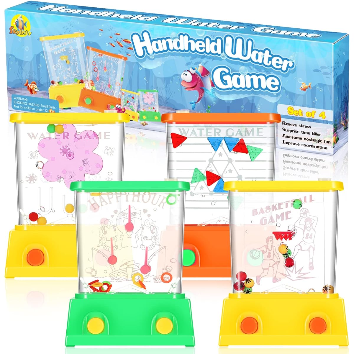 Handheld Water Game Arcade Water Ring 4 Pieces Beach Toys Fish Rings Party Favors Fun Game Basketball Fun Gifts No Water Gift Boxed 2.6 x 3.25 Inch (Vivid Style)