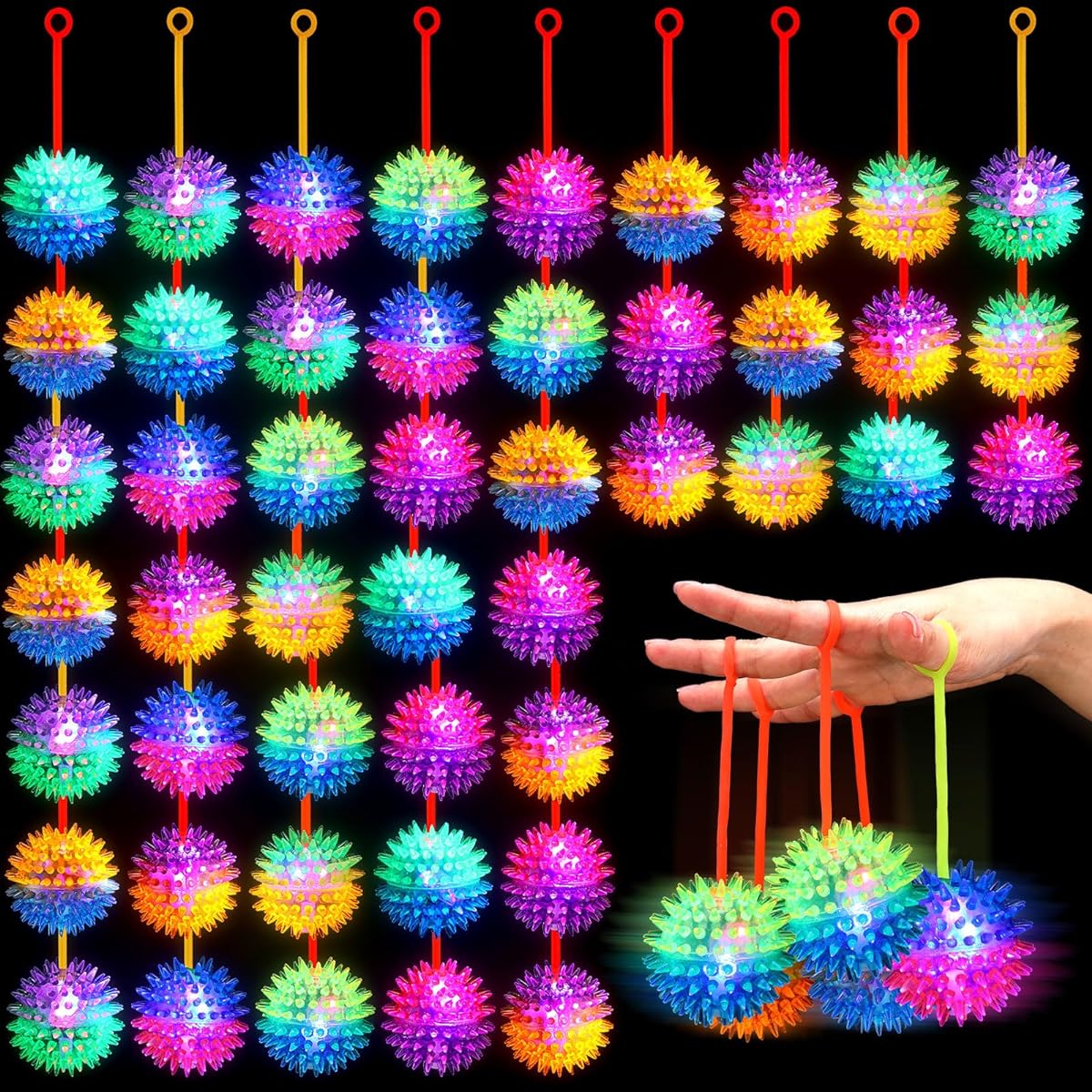 Wettarn 48pcs 2.6" LED Light Up Balls with Rope, Luminous Spiky Bouncy Balls, Bulk Multicolor Rubber Puffer Balls, Carnival Prizes for Parties, Adults, Fidget Sensation, Stress Relief