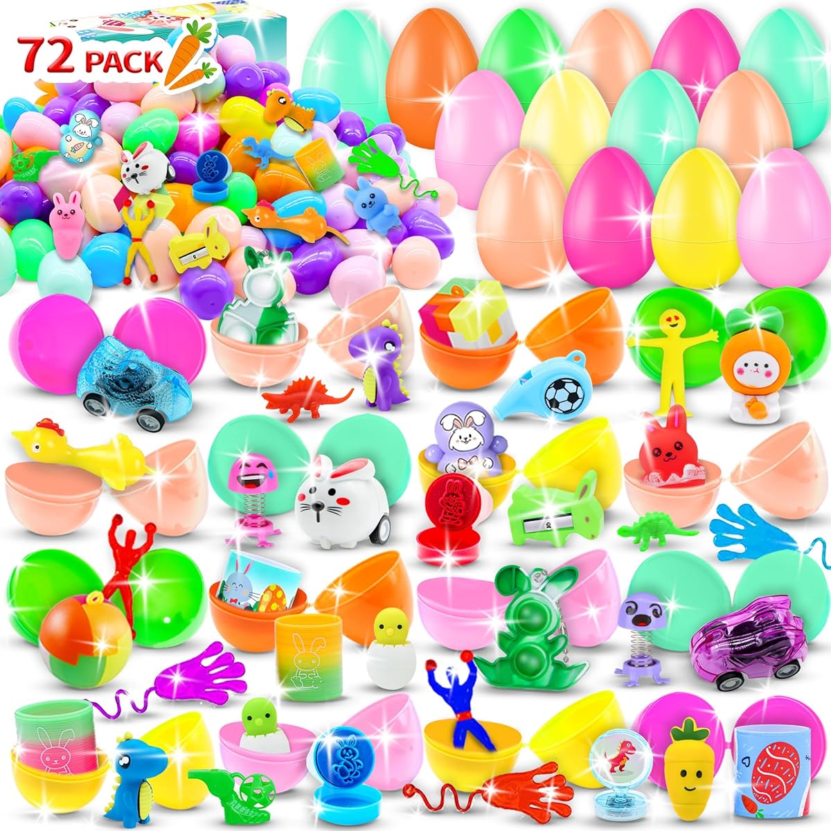 HOLILURE 72 Pack Prefilled Easter Eggs with Toys, Plastic Easter Egg Fillers, Easter Party Favors, Easter Basket Stuffers, Easter Egg Hunt, Easter Basket Fillers, Save Time, Easter Gifts