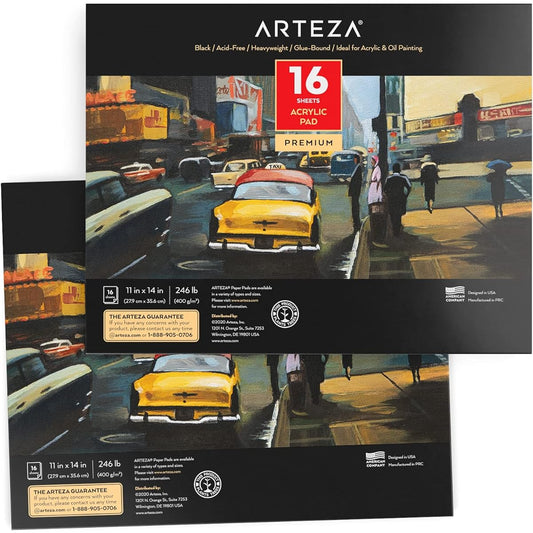 Arteza Acrylic Pads, Set of 2, Black 6 x 6 Inch 250lb Paper, 16 Sheets Each, for Acrylic, Oil Painting, Drawing, Art Supplies