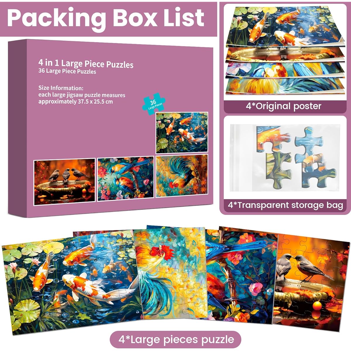 Edsjegn 4 Pack 36 Large Piece Puzzle for Seniors Jigsaw Puzzle Alzheimer's Dementia Puzzle for Seniors 144 Piece Large Puzzle