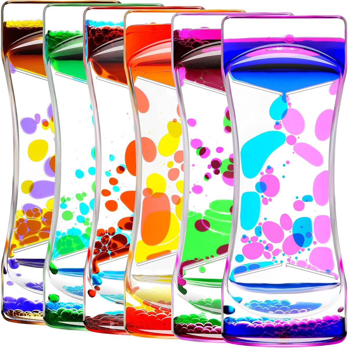 ABIQAQIBA Liquid Motion Bubbler Set of 6 Rainbow Colors Sensory Toy, Fidget Timer Liquid Toy for Home Office, Oil Drop Water Hourglass Desk Toy with Gift Box