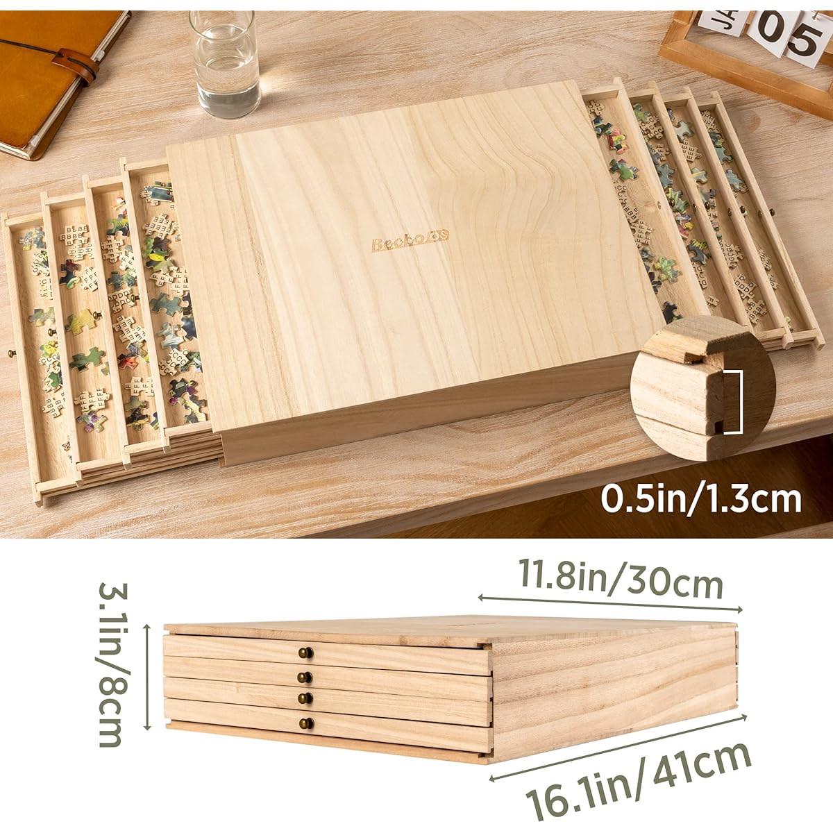Becko US Wooden Jigsaw Puzzle Sorting Tray with Drawer Design Jigsaw Puzzle Sorter Puzzle Accessories up to 1500 Pieces
