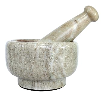 KLEO 5" Diameter Natural Stone Marble Mortar and Pestle Set Spice Grinder, Medicine Masher (Beige)