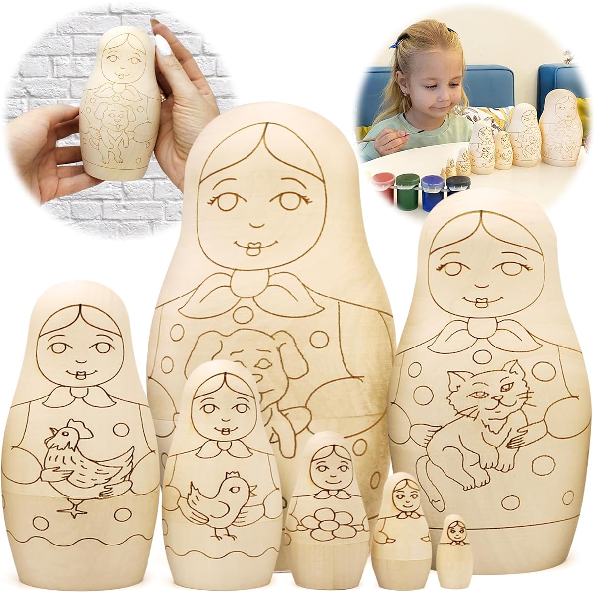 AEVVV Blank Russian Nesting Dolls Paint Set 7 Pieces - Wood Crafts for Painting Your Own Matryoshka - Unfinished Wood Crafts - Blank Nesting Dolls Unpainted