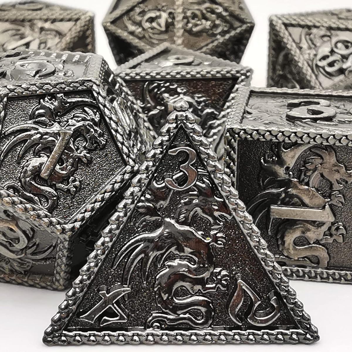 MJDICEOK DND Metal Dice Dragon Set Role Playing Dice D&D Solid Dice Dungeons & Dragons Ancient Silver
