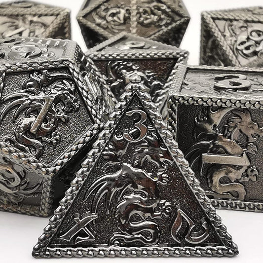 MJDICEOK DND Metal Dice Dragon Set Role Playing Dice D&D Solid Dice Dungeons & Dragons Ancient Silver