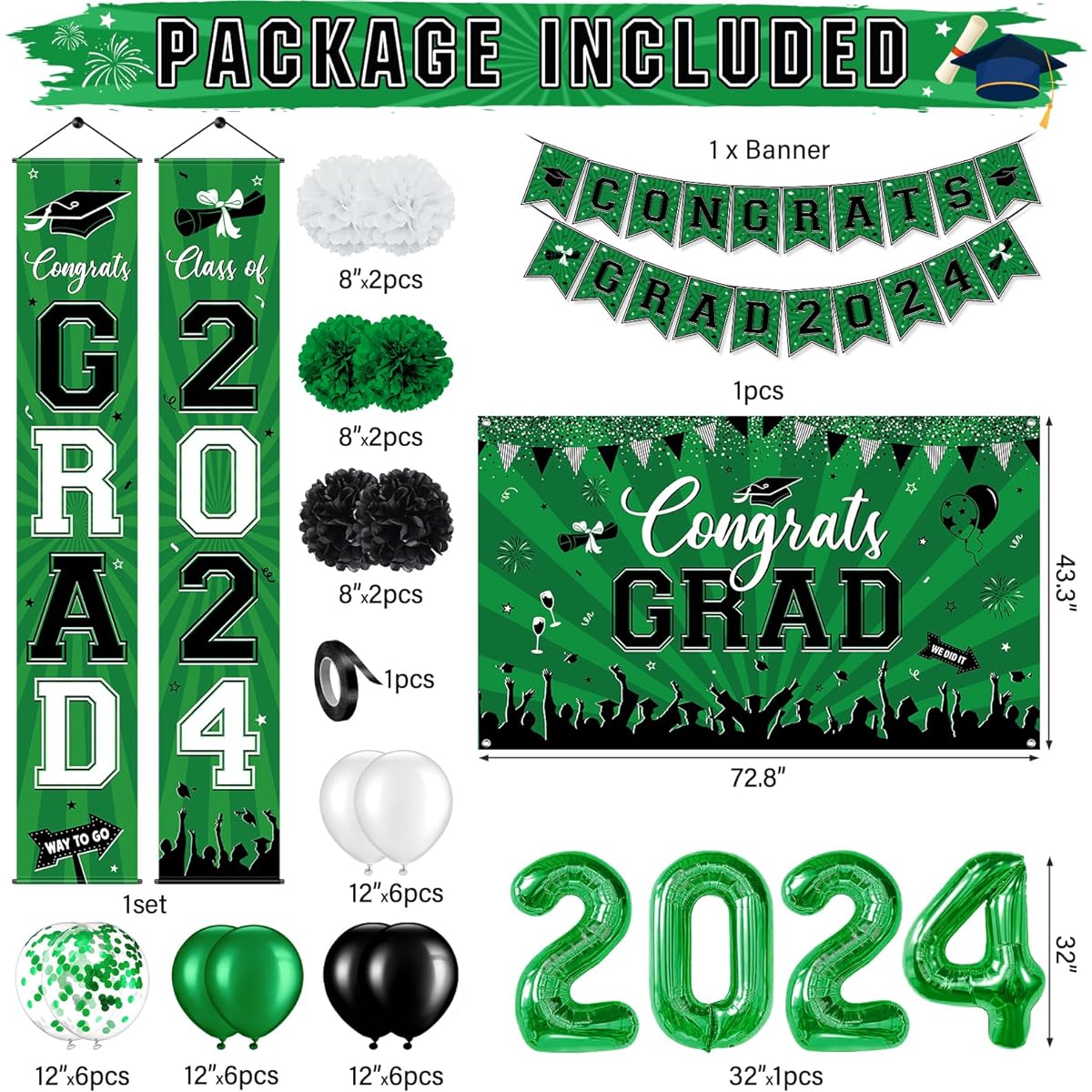 Graduation Decorations Class of 2024, Graduation Party Decorations Set Includes Congrats Grad 2024 Banner Photo Booth Background Balloons for High School College Nurse Graduation Party Supplies Green