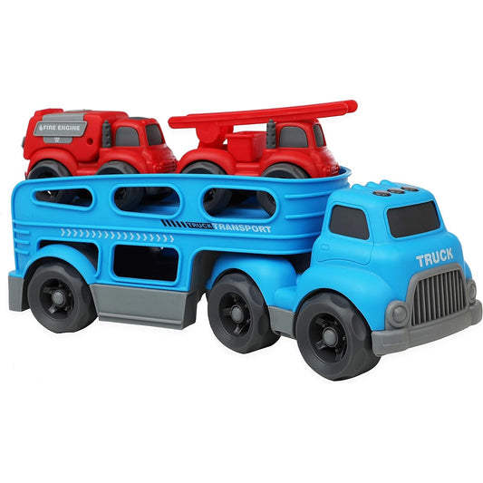 IQ Toys Car Carrier Toy - Truck Carrier Fire Truck and Boys - Toddler Vehicle Toy Transporter Truck Car Hauler Playset - Kids Toy Vehicles Blue