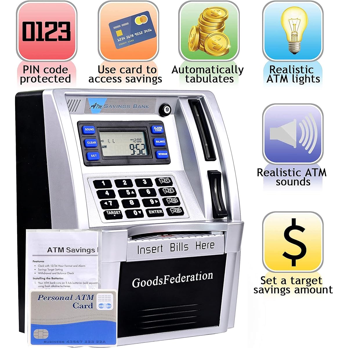 (Sliver/Black) - GoodsFederation Electronic ATM Savings Bank Digital Piggy Money Bank Machine,Electronic Cash Box with Debit Card,Password Login,Voice Prompt,Coin Recognition,Targets Setting (Sliver/Black)