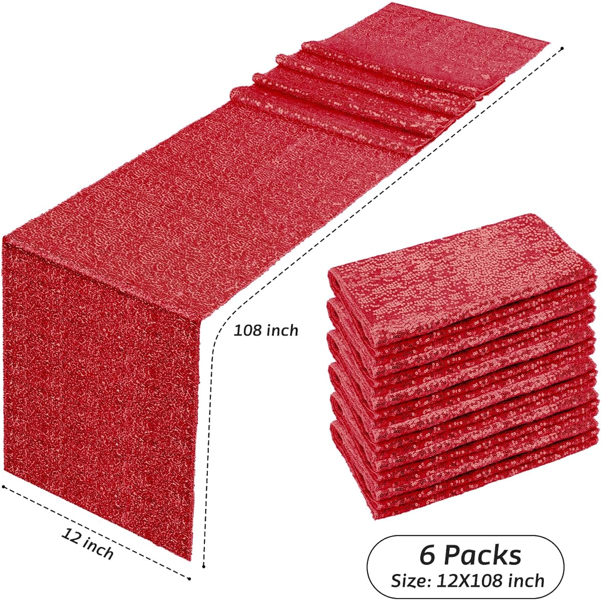 Sequin Table Runner Red 12 x 108 Inch Glitter Red Rectangle Table Runners for Halloween Fall Birthday Wedding Holiday Party Decorations Baby Shower Set of 6