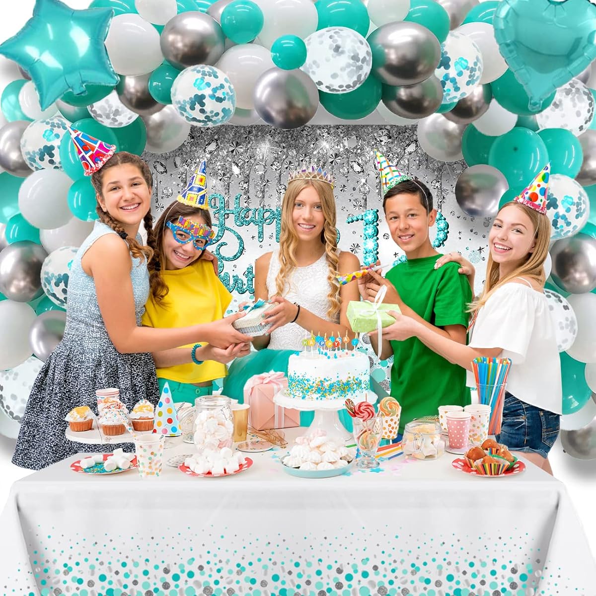 Teal Blue Birthday Confetti Balloon Kit, 50 Pieces Teal Birthday Photo Backdrop Banner Package for Boys Girls Men Women Birthday Party Decorations Supplies (Teal Blue and White)