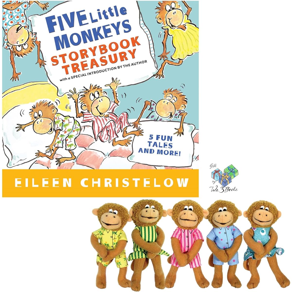 MerryMakers 5 Little Monkeys Finger Puppets Pretend Play Set, 5 Stories: 5 Little Monkeys Jumping on the Bed, Bake a Cake, Sit in a Tree, Do Nothing, Car Washable, Activity & Book Bag Gift Set