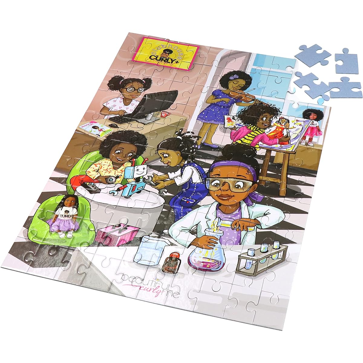 Curly + Confident Clubhouse 100 Piece STEM Jigsaw Puzzle for Future Scientists/Engineers/Artists/Kids Ages 4-8, 8-12 Inspire a Love of STEAM with Beautiful Curly Me