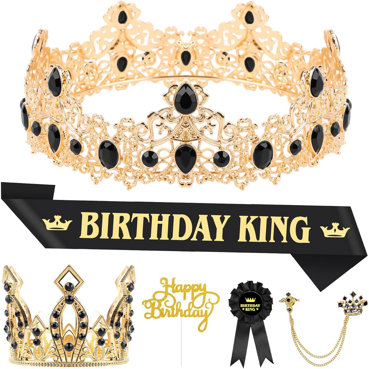 Happy Birthday Accessories Birthday Crown for Men Hanging Chain Crown Brooch Birthday Badge Pin for Birthday Party Decoration 6 Pieces
