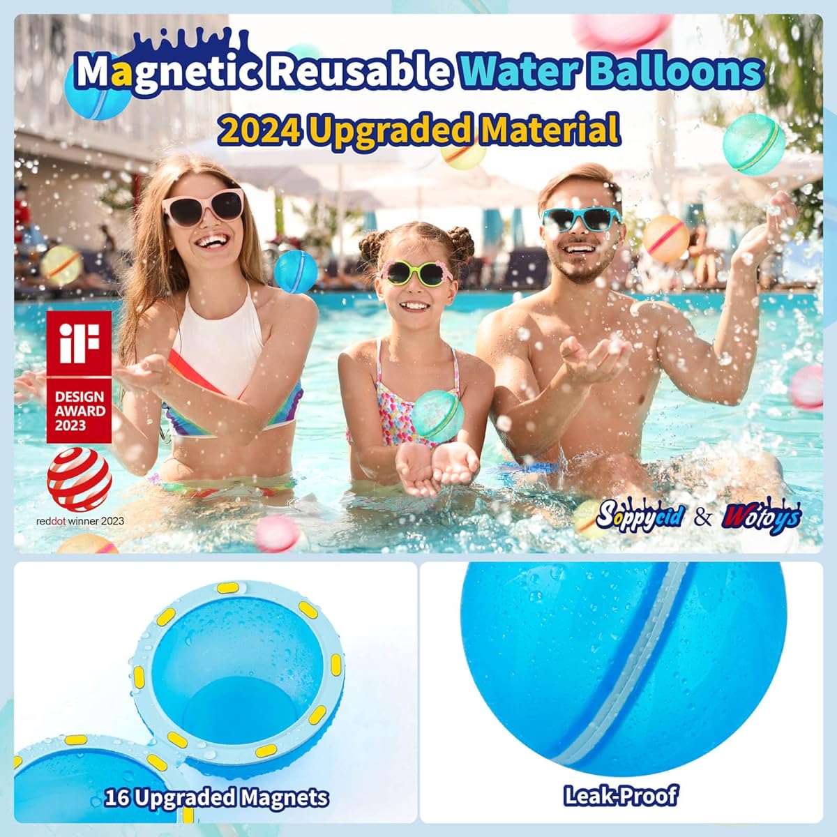 WOTOYS SOPPYCID Reusable Water Balloons, 12pcs Latex Free Silicone Refillable Magnetic Water Balloons for Water Play, Summer Party Favors, Outdoor Activities, WOTOYS Pool Toys for Kids Ages 3-12
