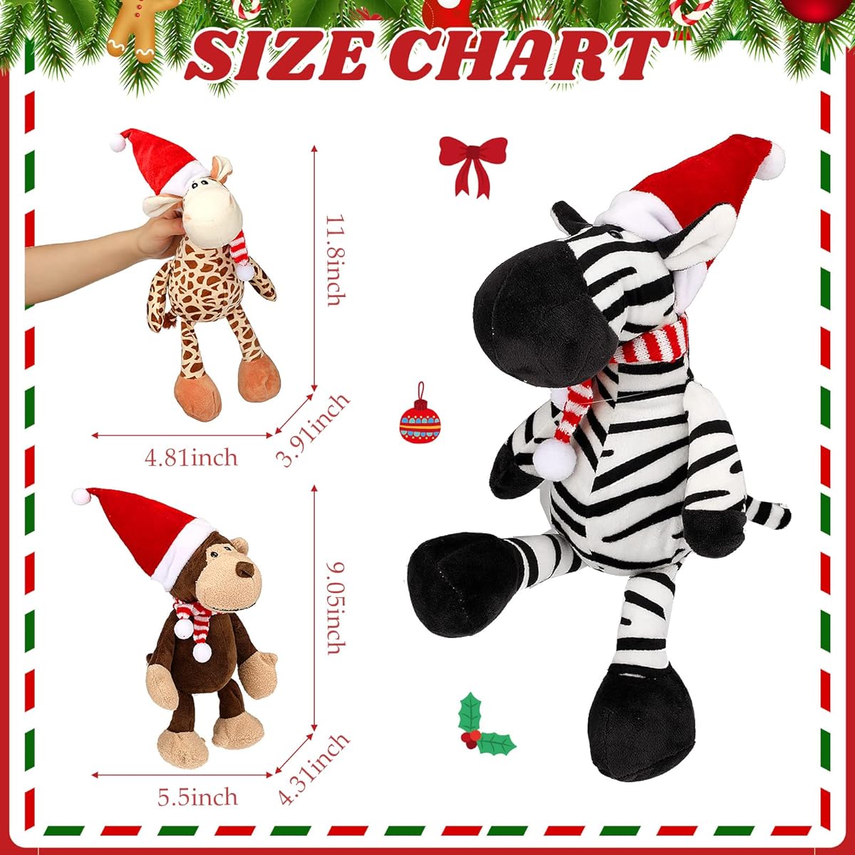 11.8 Inch Christmas Stuffed Animals Christmas Stuffed Animals Monkey Giraffe Elephant Lion Tiger Zebra Kids Safari Christmas Decoration Pack of 6