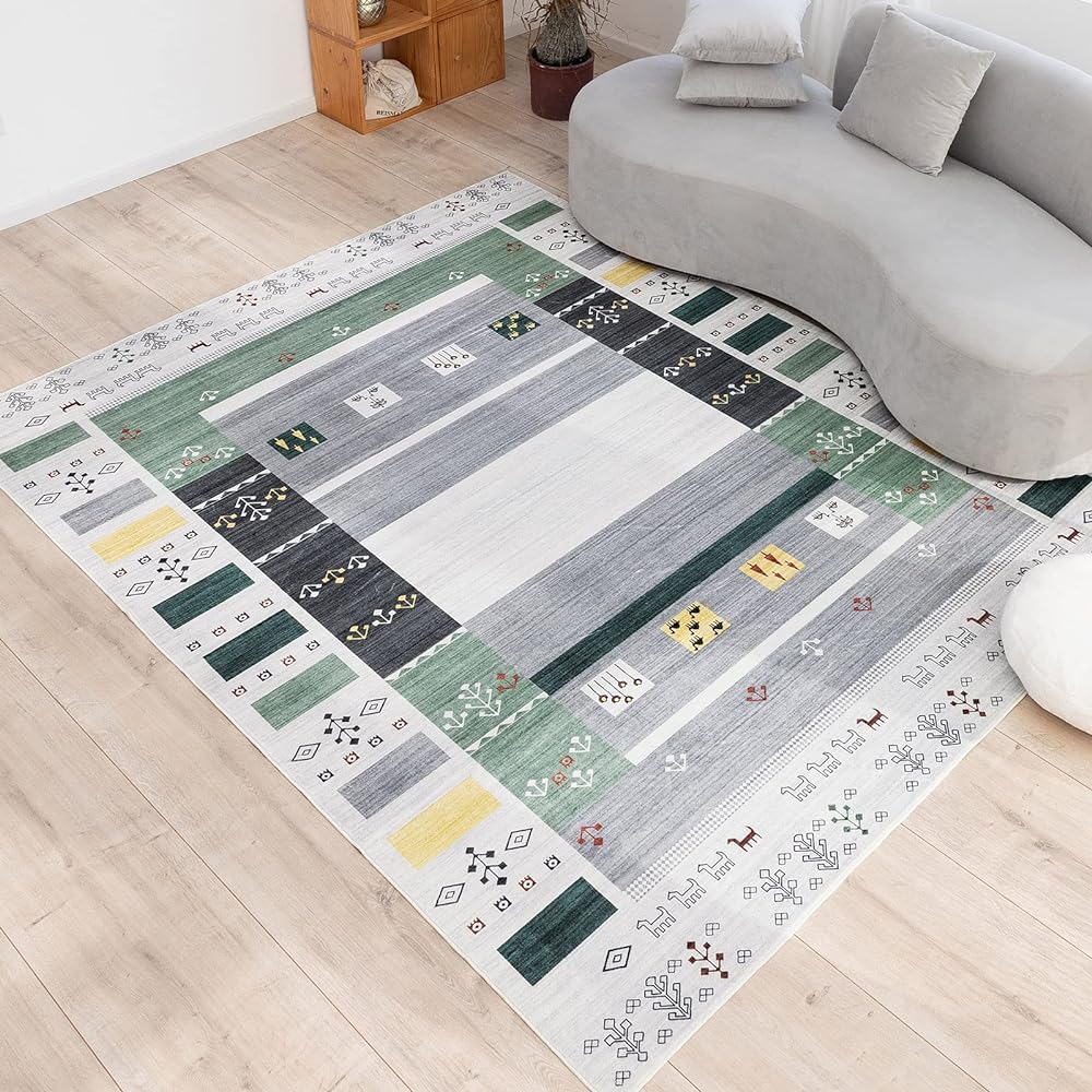 DECOMALL Carpet, 3 Tatami Mat Rug, Scandinavian Style, Stylish, 200X250CM, Washable, Fluffy, Memory Foam, All Seasons, Anti-Slip, Dust Mite Resistant, Odor Resistant, Gabbeh Pattern Carpet, Green, Compatible with Underfloor Heating