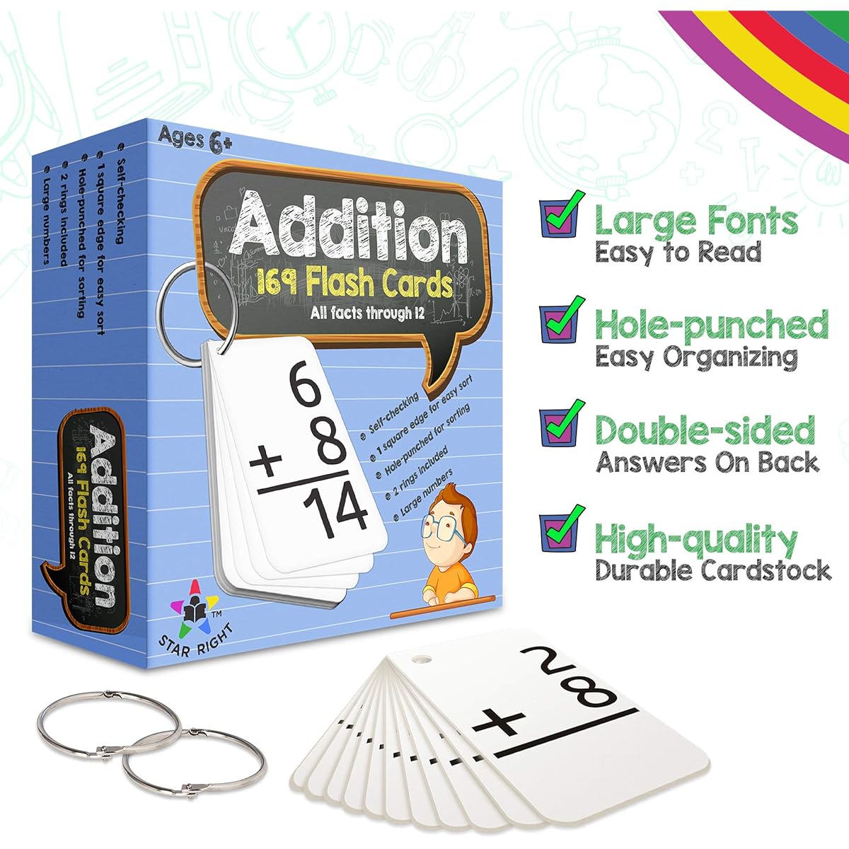 Star Right Addition Flash Cards, 0-12 (Facts, 169 Cards) 2 Rings