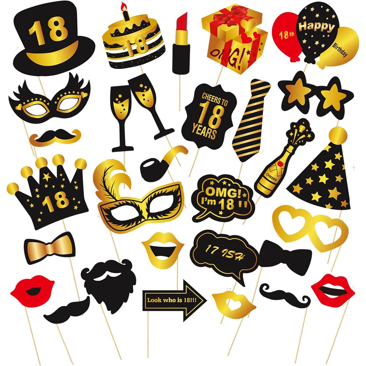 DWDZLXZ 30 Pieces Birthday Photo Booth Props Kit DIY Funny 30th Black & Gold Birthday Photo Props Set Decorations for Her and Him with Sticks Birthday Party Supplies for Girls and Boys (18th)