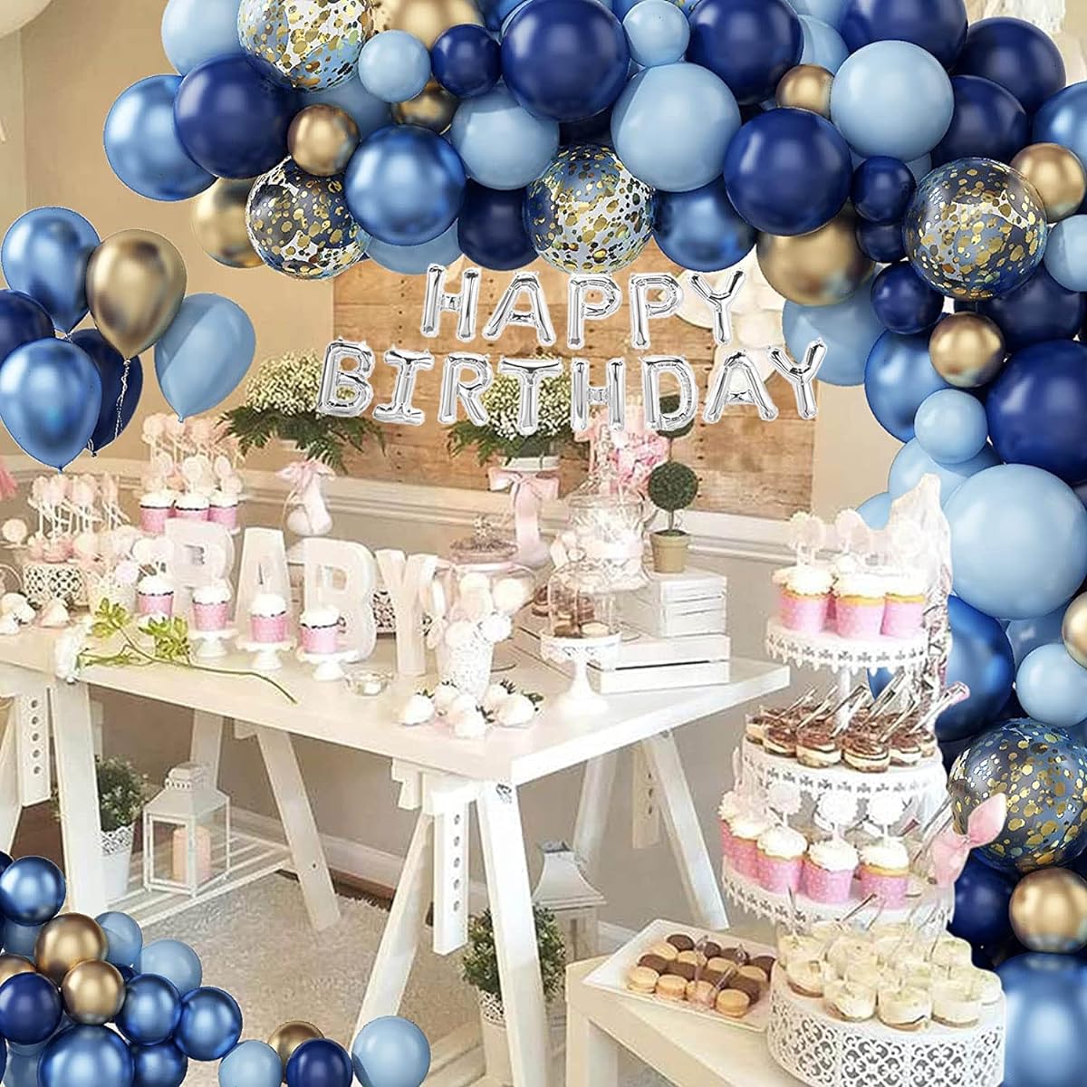 Navy Blue Birthday Confetti Balloons Kit Set Blue Happy Birthday Photo Background Banner Package for Boys Girls Men Women Birthday Party Decoration Supplies (Navy Blue & Silver)