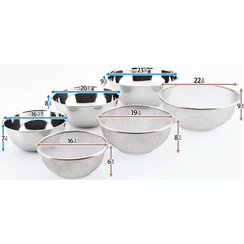 Made in Japan, 18-8 stainless steel colander, elite colander colander bowl set of 6 (16.5cm+19.5cm+22.5cm) B-2