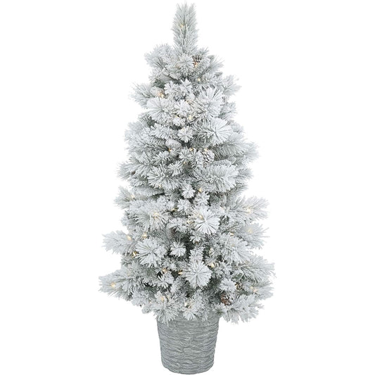 Vickerman 5' Potted Ashton Pine Artificial Christmas Tree, Warm White Lights, Snow Covered Artificial Tree, Seasonal Potted, Indoor Decor