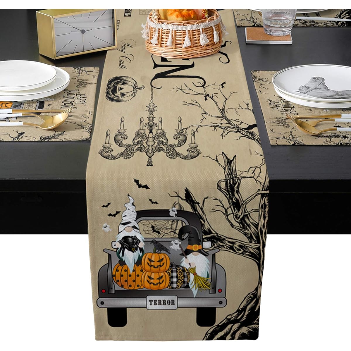 Halloween Placemats with Burlap Table Runner 72" Length Truckload Pumpkin Gnomes Raven Retro Heat Resistant Table Mats Set of 6 for Kitchen Dining Table Wedding Party Holiday Dinner