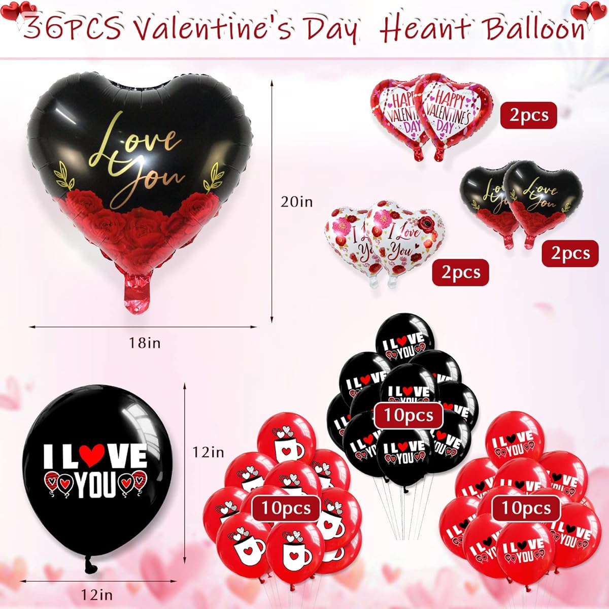 36pcs Happy Valentine's Day Balloons Heart Shaped Balloons Romantic Party Decoration Supplies (Style B)