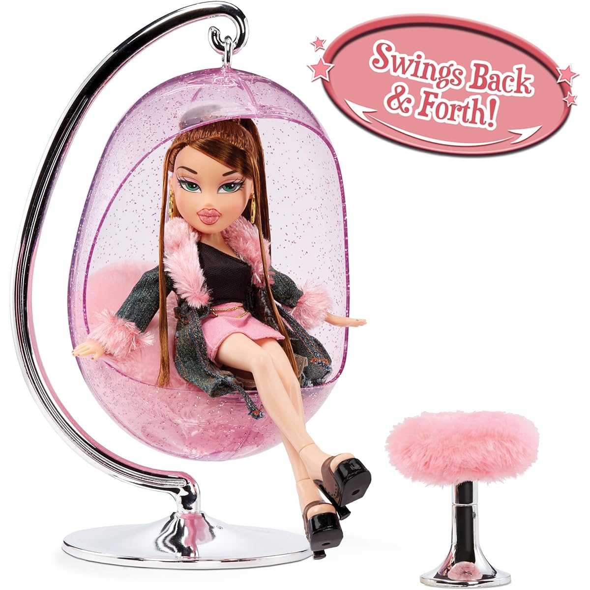 Bratz Funky Fashion Furniture Retro Swing Chair Playset & Display with Footrest, Swings Back and Forward, Fits Dolls up to 12" Tall, Y2K Nostalgia, Collectible, Ages 6 7 8 9 10+