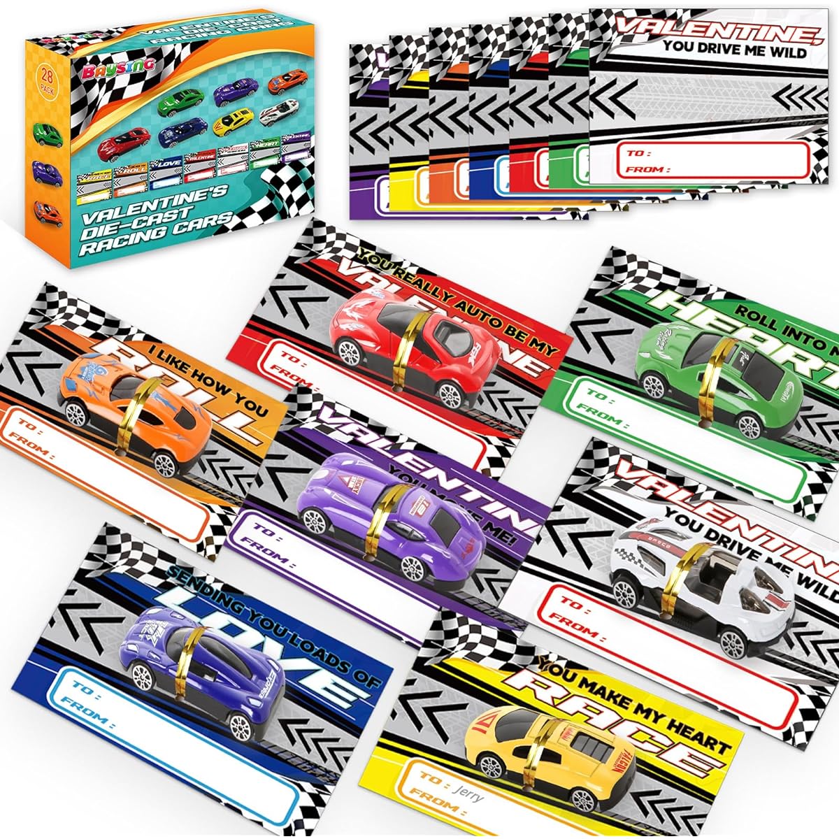 BAYSING Valentine Diecast Racing Cars Valentine's Day Cards 28 Pack Kids/Classroom Gift Exchange Valentine's Party Favors Classroom Rewards Giveaways