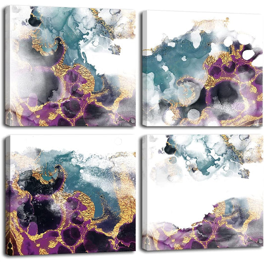 Purple Teal and Gold Canvas Wall Art Abstract Watercolor Painting 4 Panel Print Home Decoration Framed Artwork for Bedroom Kitchen