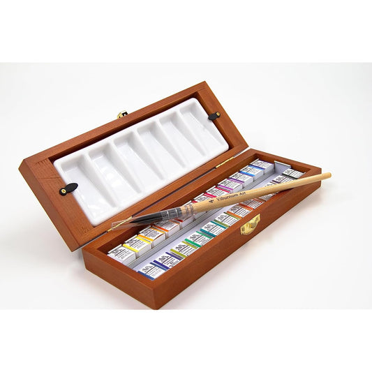 Viburnum Art Professional Watercolor Paint Set - 24 Half Pans Highly Pigmented Transparent Watercolor Paints with #4 Synthetic Watercolor Brush, Mixing Palette & Wooden Box Gift - Artist Quality Travel Watercolor Kit Wooden Box Watercolor Art Kit