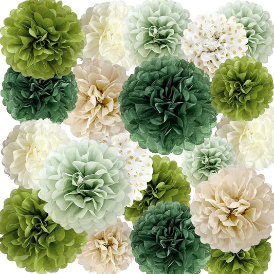ANSOMO 20pcs Sage Green Tissue Paper Pom Poms Wedding Party Decorations Ivory Tan Boho Floral Birthday Baby Shower Wild Safari Jungle Botanical Green 14 12 10 6 inch Wall Hanging Decor Supplies