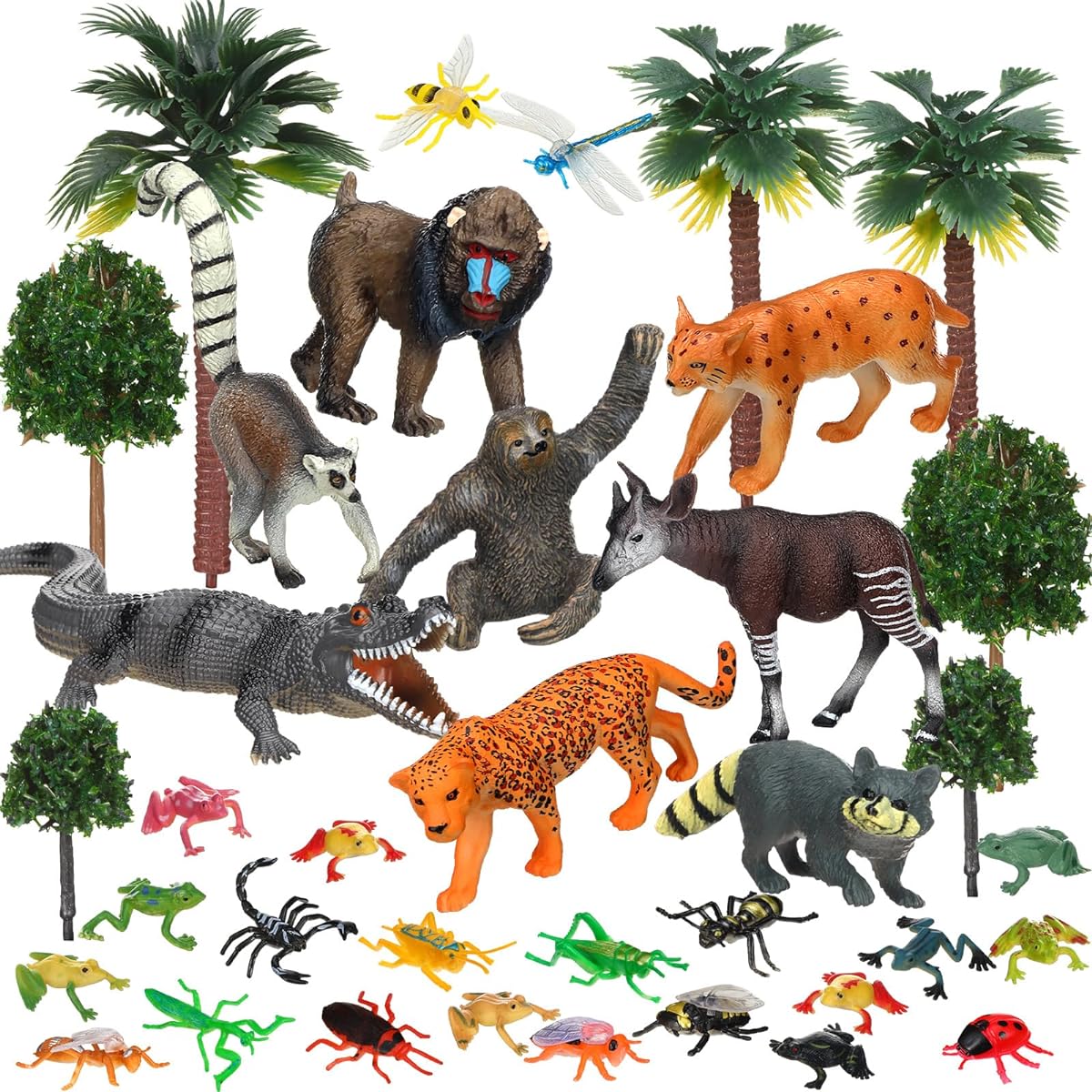 MiniInflat Rainforest Animal Figures Toy Set, 39pcs Assorted Rainforest Figures, Diorama Supplies, Miniature Model Trees for Boys and Girls, Educational Toys, Birthday Party Favors, Pinata Fillers