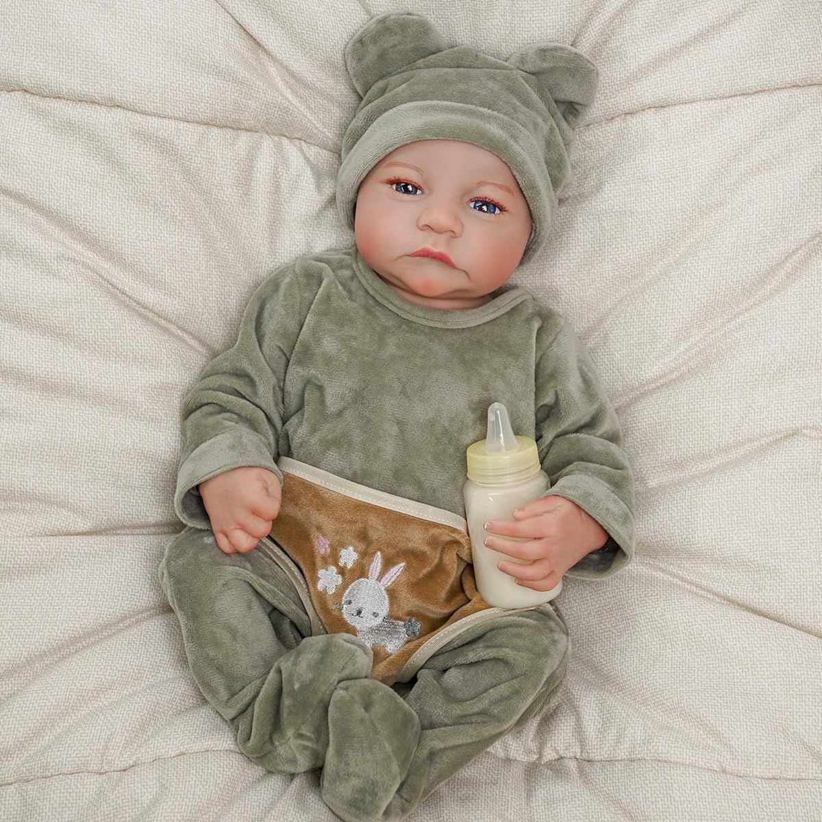 JIZHI Lifelike Reborn Baby Doll - 18" Realistic Newborn Doll Reborn Baby Boy with Open Eyes, with Gift Box & Feeding Kit, Ages 3+